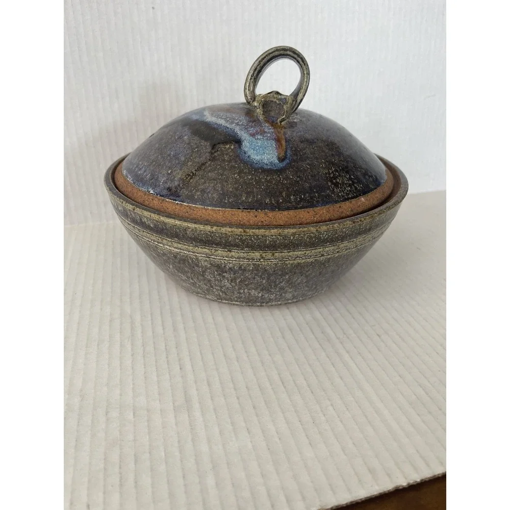 Vintage Signed Studio Pottery Covered Stoneware Serving Bowl with Lid 8